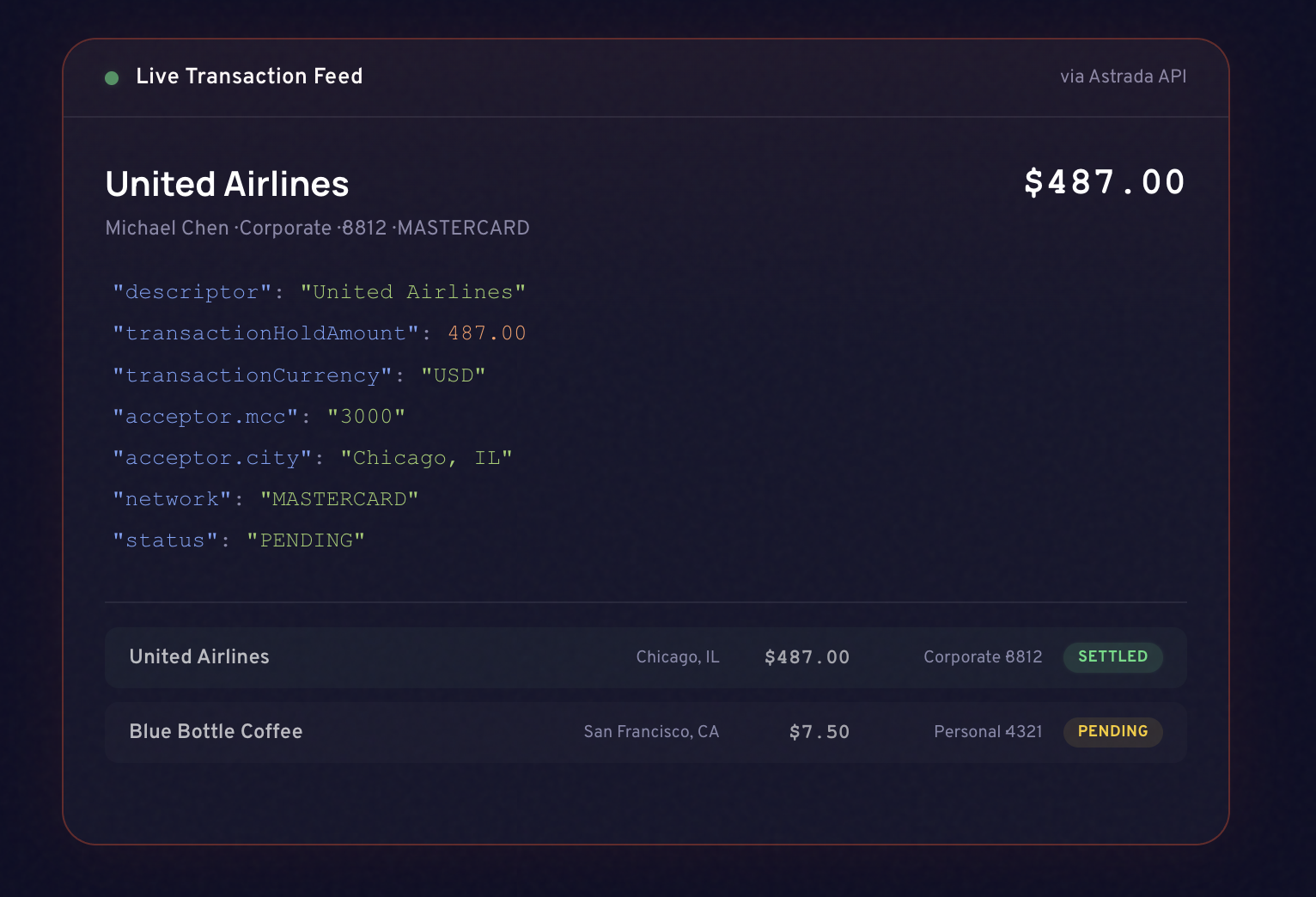 Transaction Data API — Live transaction feed showing structured webhook data with merchant, amount, MCC, and status fields